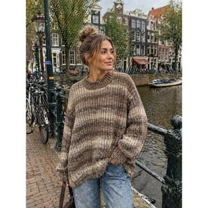 SO Chunky Knit Sweater Small Brown Spacedye Cozy Crewneck Pullover
